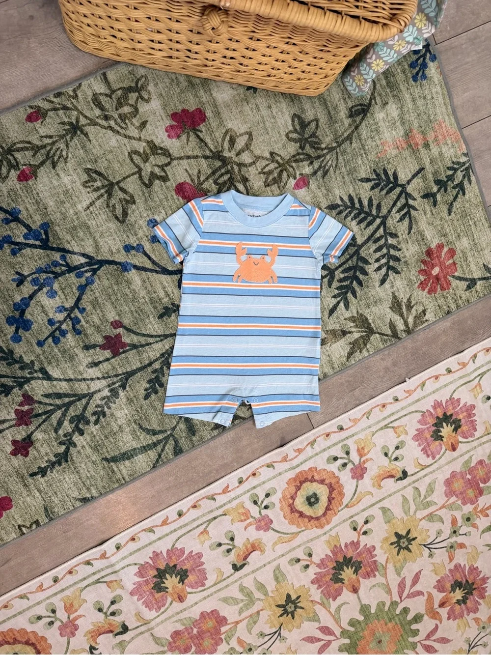 Carter's Light Blue & Orange Striped Crab Romper 6-9 Months Baby Boy